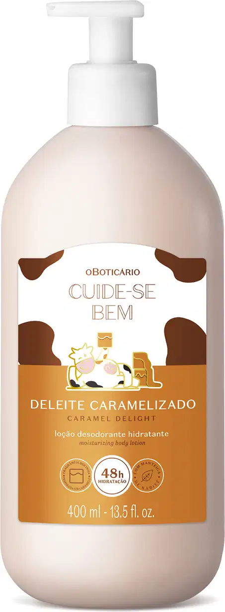 A imagem mostra um frasco branco de loção hidratante da marca Cuide-se Bem Deleite Caramelizado, com rótulo branco e detalhes em tons de marrom. Há estampa de vaca e apresenta as informações do produto em letras brancas e pretas.