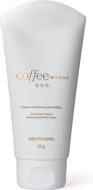 Imagem de uma bisnaga de creme hidratante para mãos da marca Coffee Woman Duo, em embalagem branca com detalhes dourados, contendo texto legível em letras douradas.