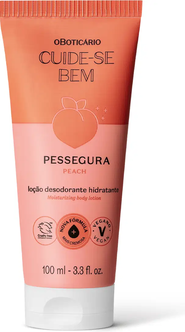 Imagem de um frasco de loção desodorante hidratante da marca Cuide-se Bem Pessegura, com embalagem de tampa branca, corpo em tons de laranja e rosa contendo texto em letras pretas.