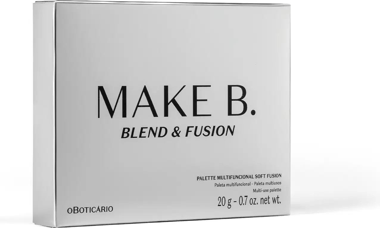 A imagem mostra uma caixa cinza-claro com texto "MAKE B. BLEND & FUSION" em preto, Um pouco abaixo, as informações sobre produto estão em letras menores e também pretas.