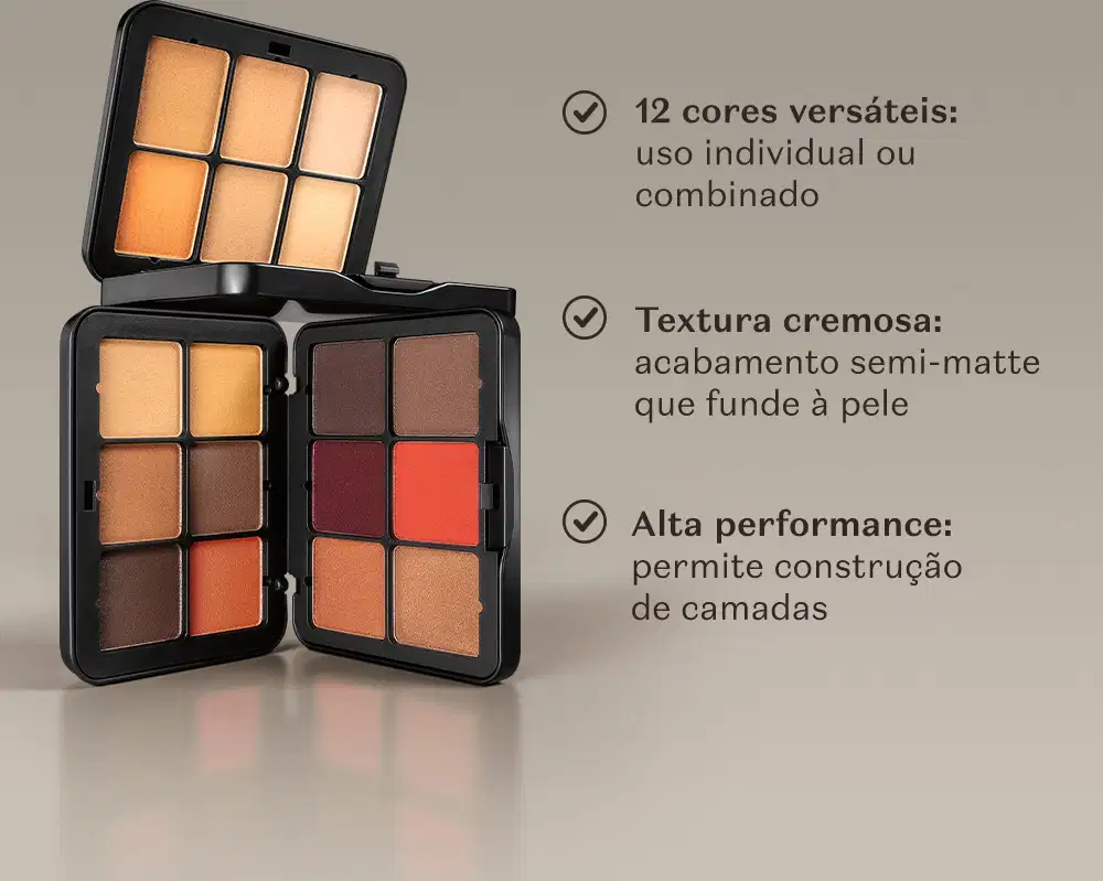 A imagem mostra três paletas de maquiagem Make B.. com diferentes tonalidades sobre superfície cinza. Apresenta os textos: "12 cores versáteis", "Textura cremosa com acabamento semi-matte" e "Alta performance: permite construção de camadas".