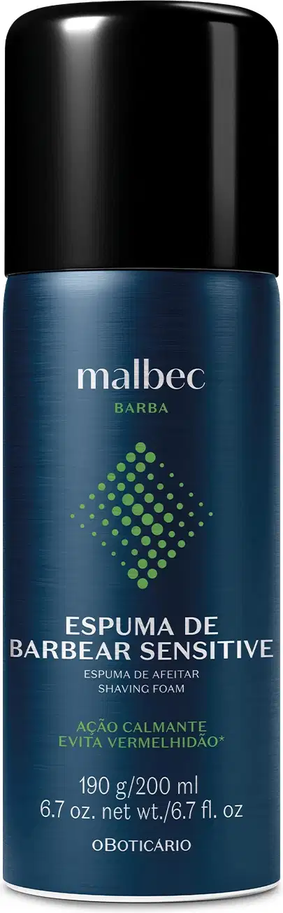 Imagem mostra um frasco metálico de espuma de barbear da marca Malbec. A embalagem é verde com o rótulo em letras brancas e douradas. Possui uma tampa preta e transmite dinamismo e praticidade.