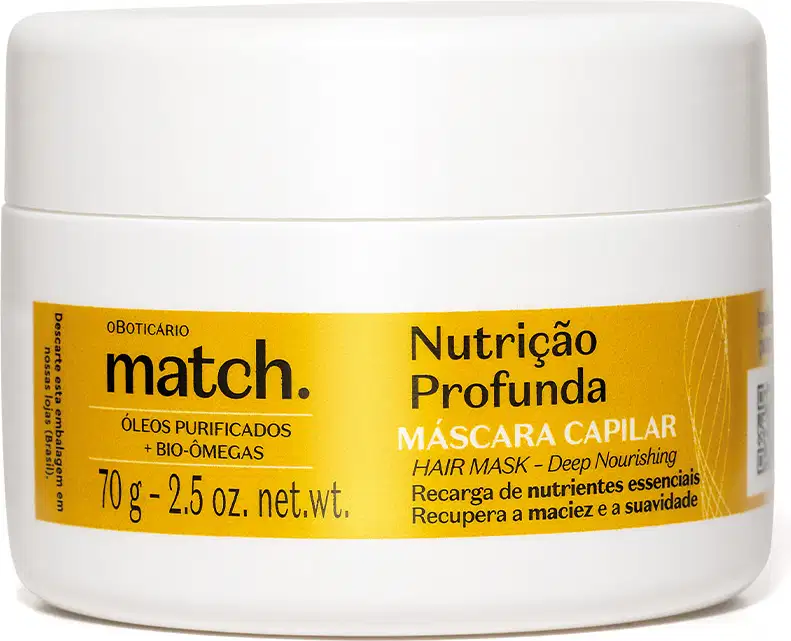 Imagem de um pote branco com rótulo amarelo e tampa branca da marca Match, contendo máscara capilar de nutrição profunda, com informações sobre o produto em letras brancas e pretas. A embalagem contém 70g.