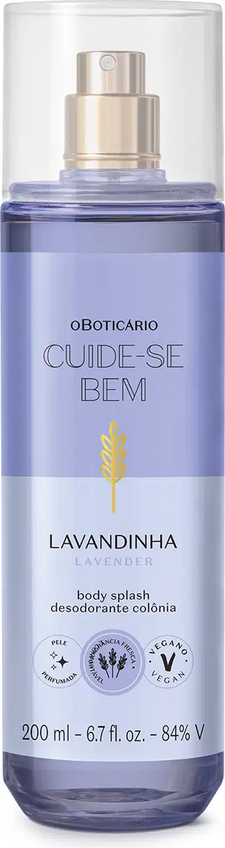 Frasco de vidro transparente com spray dourado contendo item de perfumaria da marca Cuide-se bem, com rótulo roxo e texto "Lavandinha" em letras brancas.