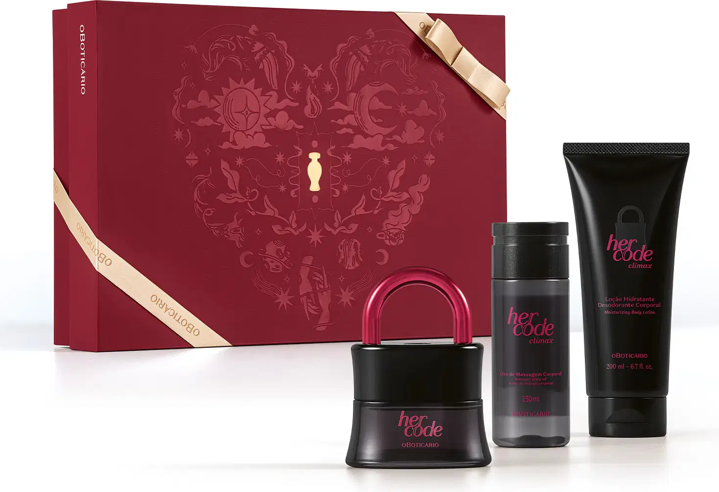 Caixa vermelha com detalhes dourados e fita dourada fina. A frente dela, três itens de perfumaria da marca Her Code Climax, sendo um desodorante colônia preto com tampa em formato de cadeado, um body spray preto e uma bisnaga preta de loção corporal.