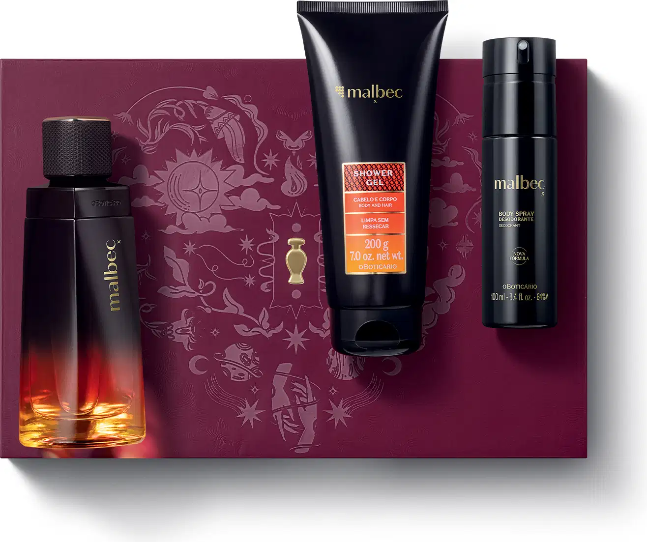 Caixa vinho com ilustrações em relevo, contendo item de perfumaria Malbec X, sendo um frasco de vidro com degradê de cores quentes, acompanhado de frasco de body spray e bisnaga de gel de banho da mesma marca, ambos na cor preta.