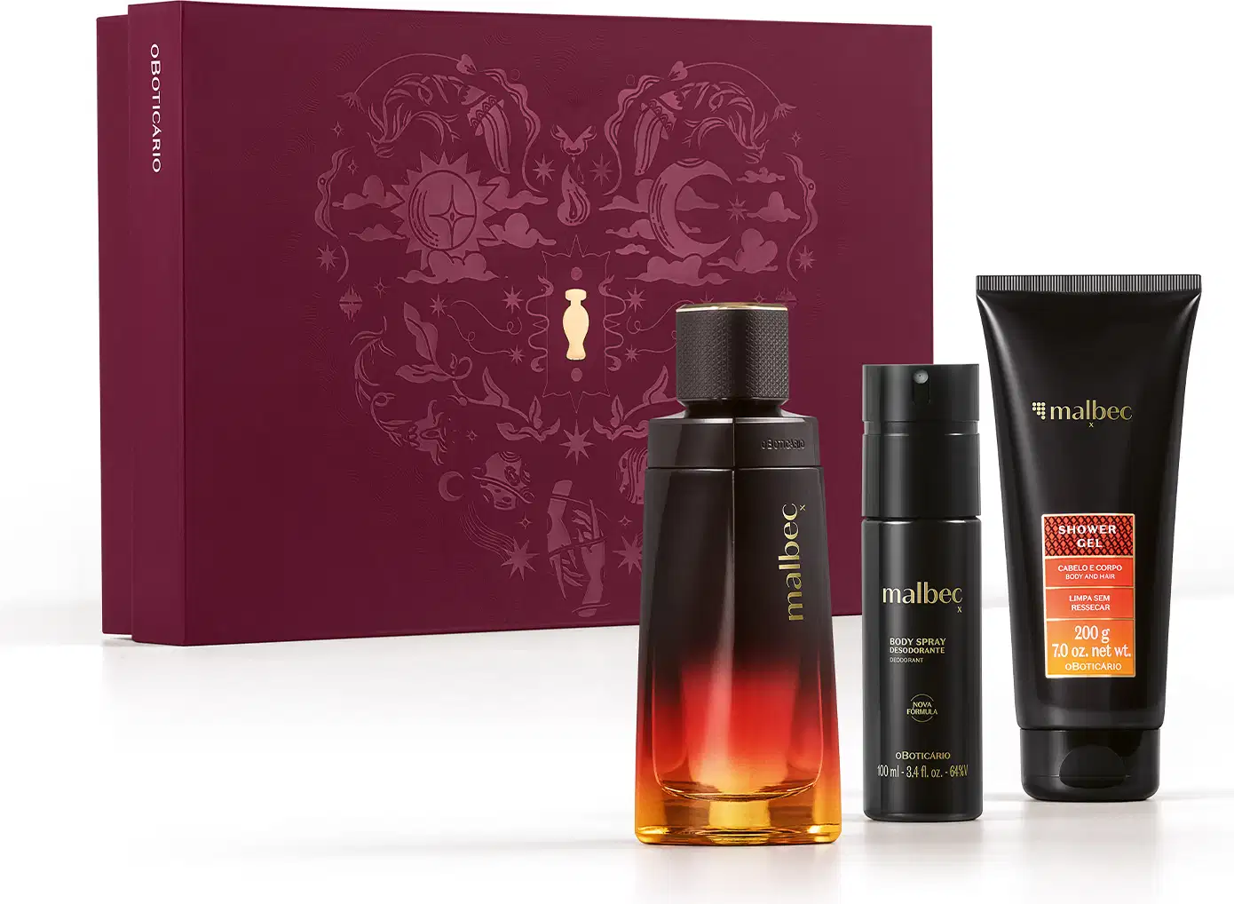 Caixa vinho com ilustrações em relevo, contendo item de perfumaria Malbec X, sendo um frasco de vidro com degradê de cores quentes, acompanhado de frasco de body spray e bisnaga de gel de banho da mesma marca, ambos na cor preta.