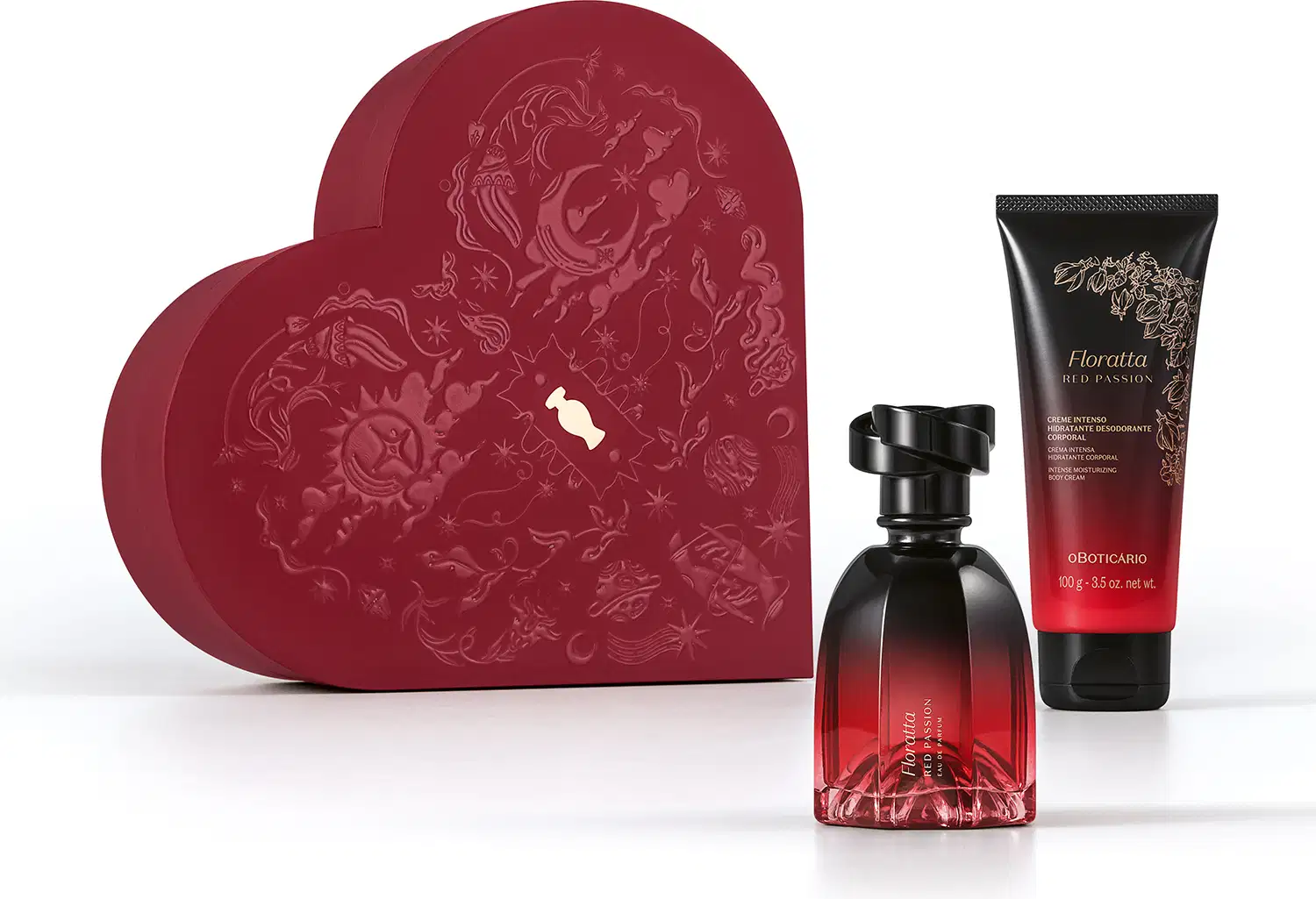 Caixa vermelha em formato de coração com relevo dourado de temática celestial. A frente, um frasco de item de perfumaria  Floratta Red Passion e bisnaga de creme corporal da mesma marca, ambos com embalagem degradê de vermelho para preto e tampa preta.