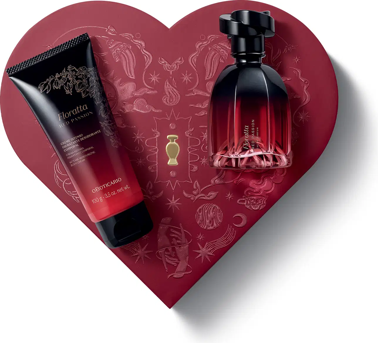 Caixa vermelha em formato de coração com relevo dourado de temática celestial. Sobre ela, um frasco de item de perfumaria  Floratta Red Passion e bisnaga de creme corporal da mesma marca, ambos com embalagem degradê de vermelho para preto e tampa preta.