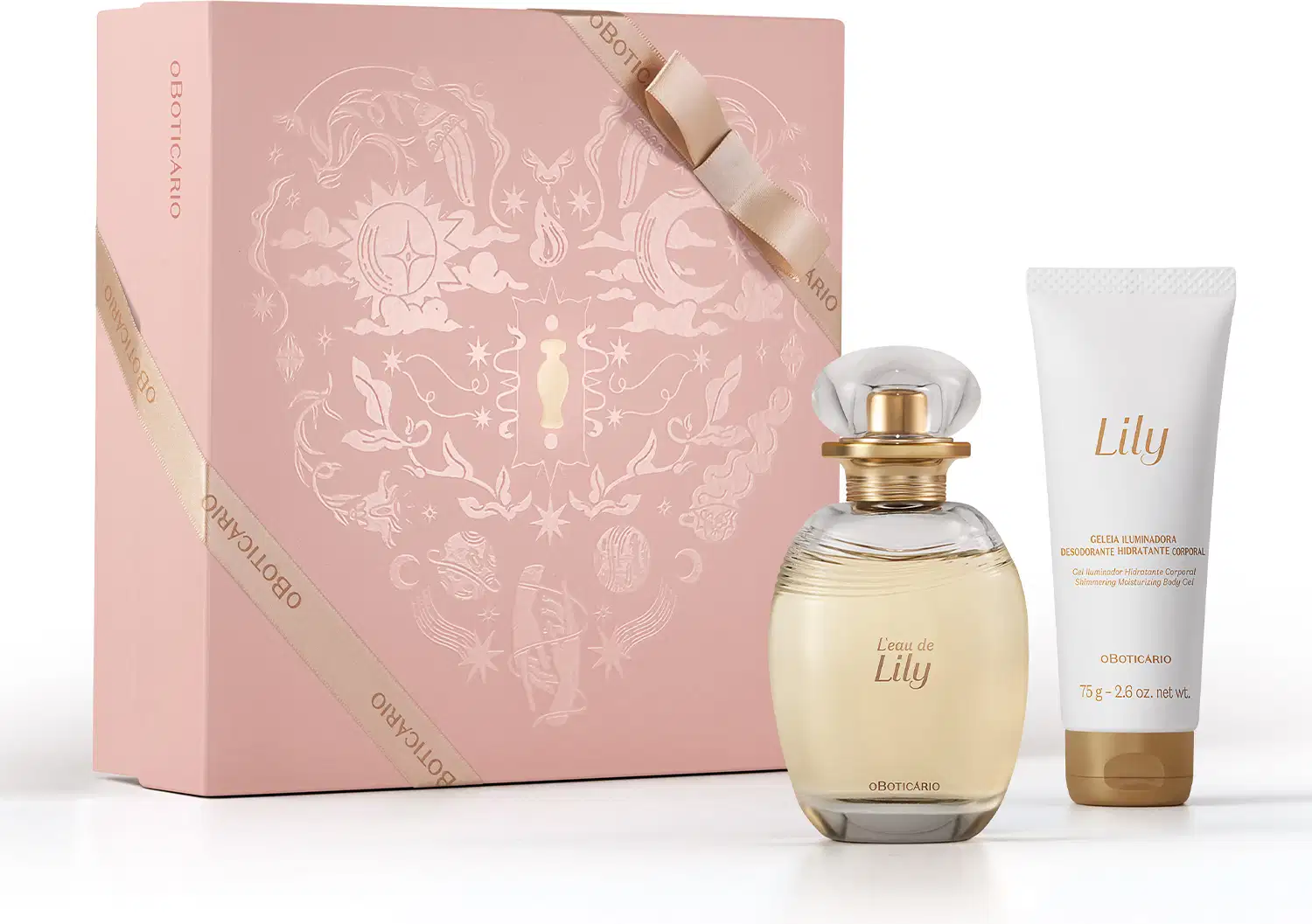 Caixa rosa com estampa delicada, contendo frasco de item perfumaria L'Eau de Lily de vidro e tampa cristal com borrifador dourado, e bisnaga de creme hidratante da mesma marca, em tons de branco e dourados.