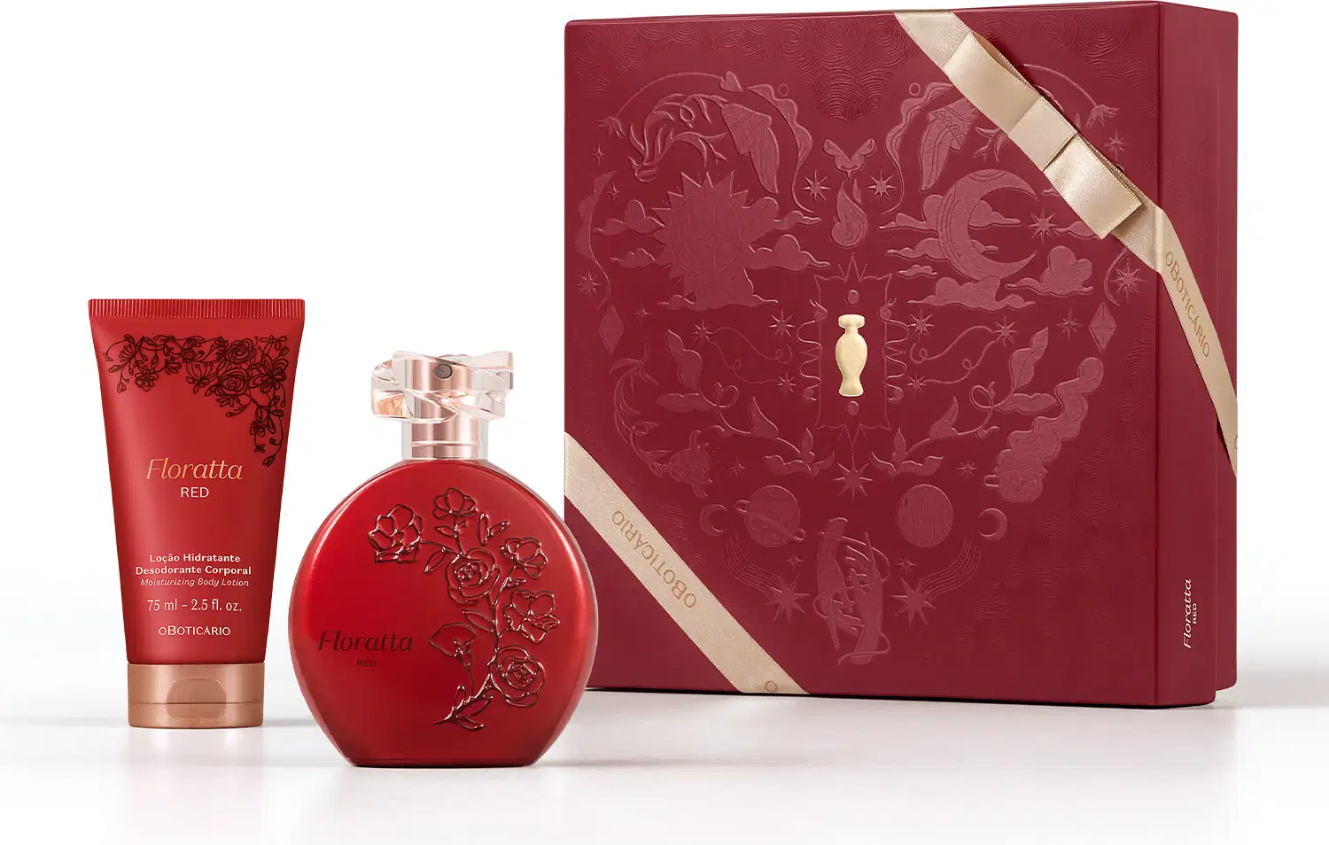 Caixa de presente de cor vinho com um grande coração ilustrado detalhes de temática celestial. Ao lado, um frasco vermelho opaco com relevo floral e tampa transparente de desodorante colônia Floratta Red e bisnaga de loção corporal vermelha da mesma linha