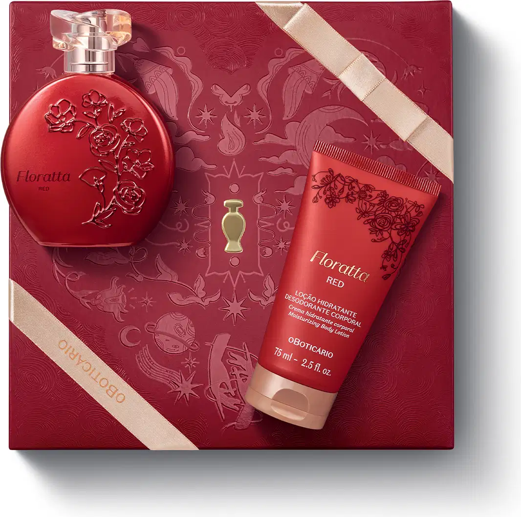 Caixa de presente de cor vinho com um grande coração ilustrado detalhes de temática celestial. Sobre ela, frasco vermelho opaco com relevo floral e tampa transparente de desodorante colônia Floratta Red e bisnaga de loção corporal vermelha da mesma linha.