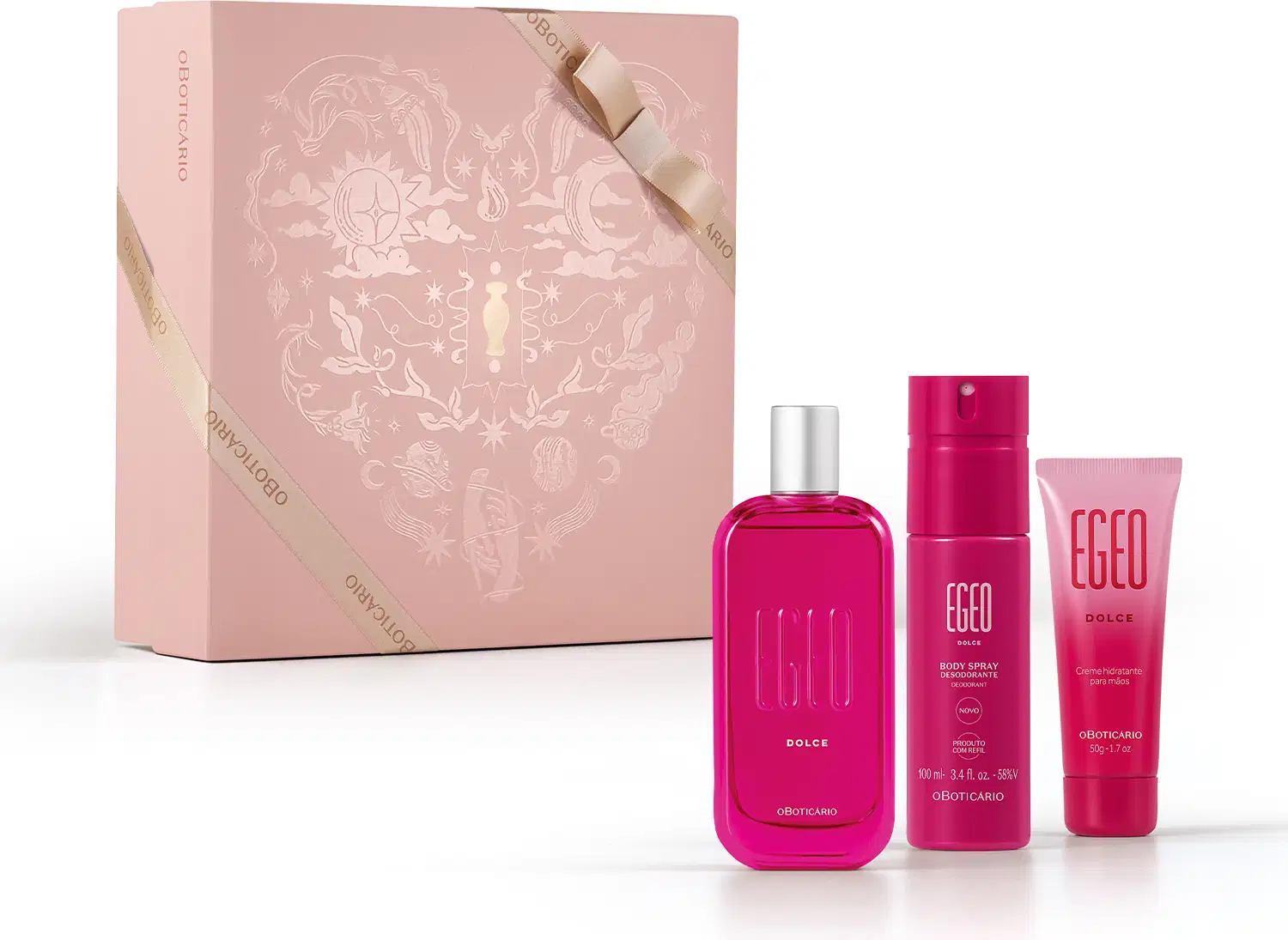 Caixa rosa claro com padrão floral em dourado e três itens de perfumaria da marca Egeo Dolce, sendo: frasco de desodorante colônia, tubo de body spray e bisnaga de creme hidratante desodorante, todos na cor pink.