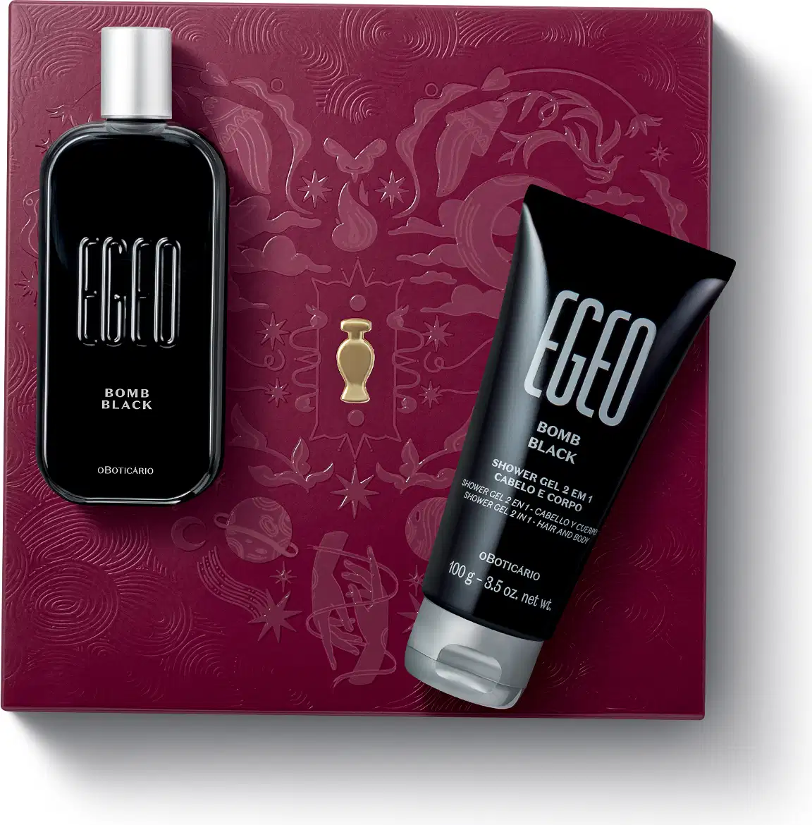 Caixa de presente de cor vinho com um grande coração ilustrado detalhes de temática celestial. Sobre ela, itens de perfumaria da marca Egeo Bomb Black, sendo um frasco de desodorante colônia preto e bisnaga de gel de banho preta, ambas com tampa prateada.