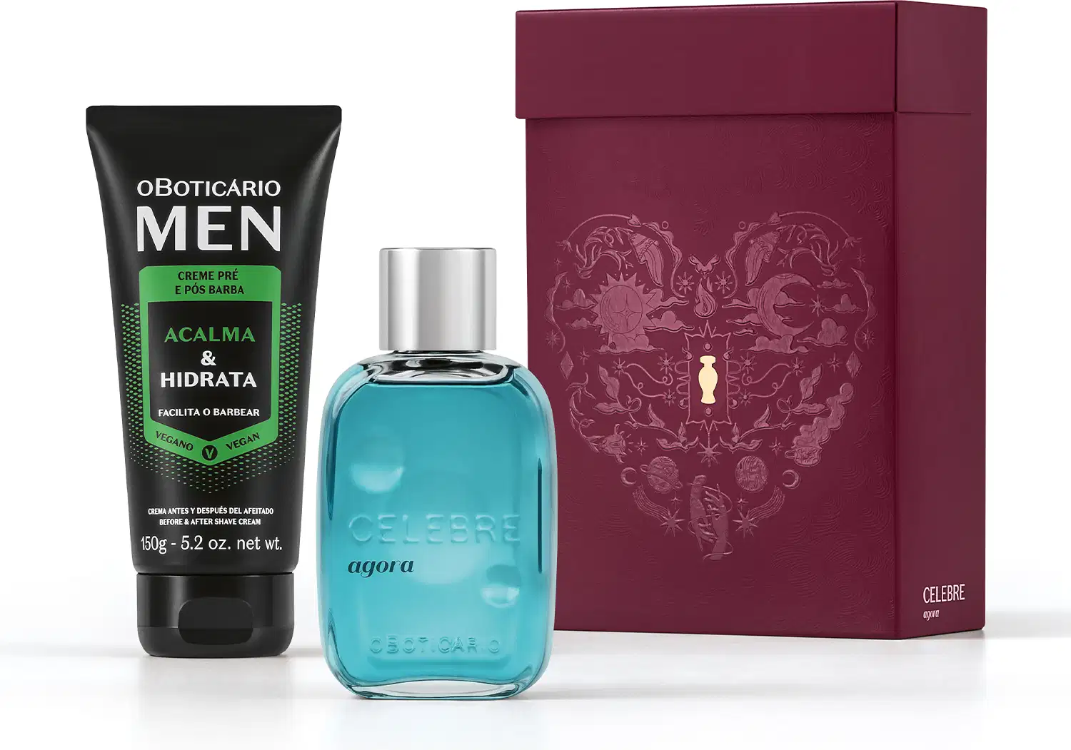 Caixa de presente de cor vinho com um grande coração contendo ilustrações em relevo de temática celestial. Ao lado, um item de perfumaria azul-turquesa com tampa prateada com a palavra CELEBRE em relevo no vidro, e uma bisnaga preta de creme da linha MEN.
