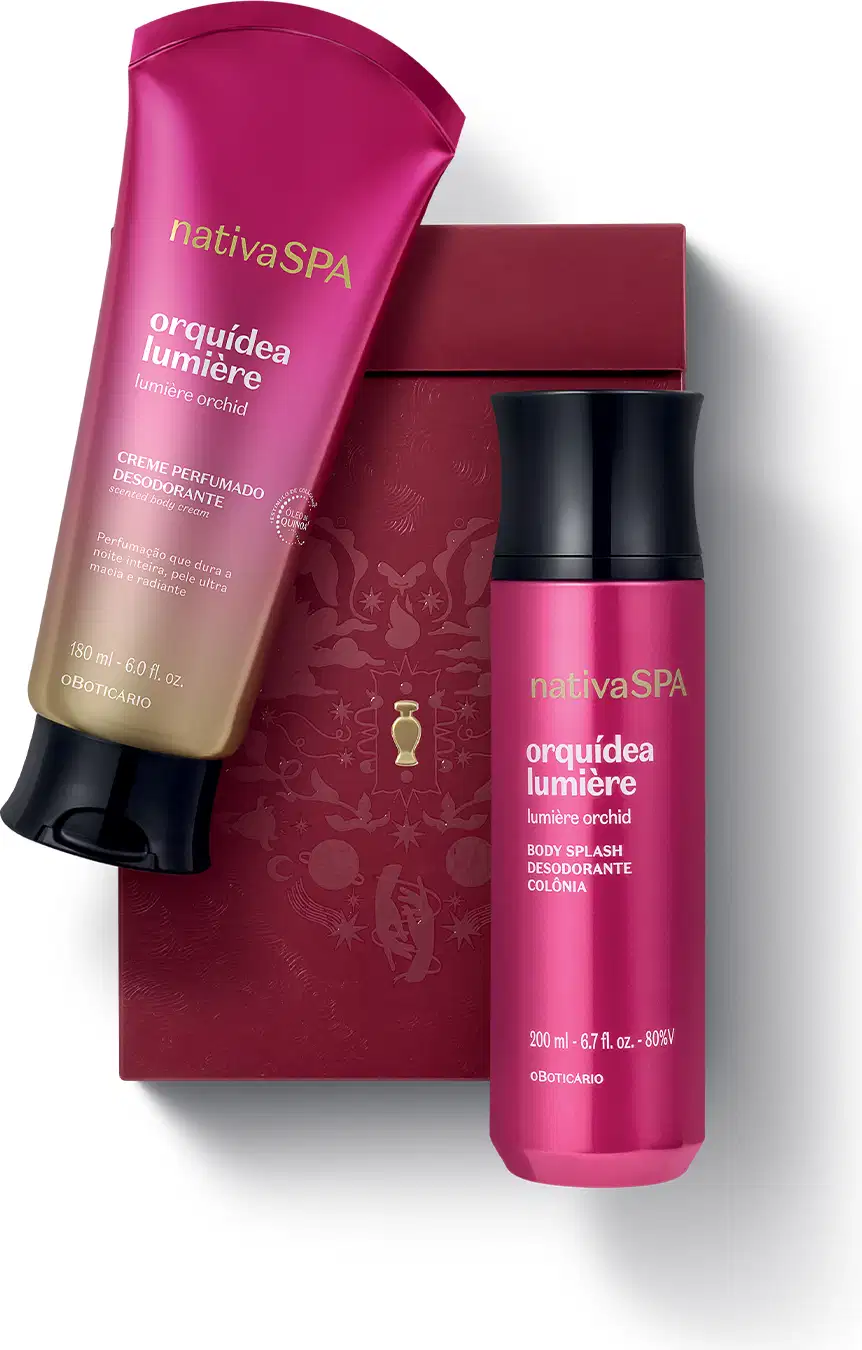 Caixa de presente de cor vinho com um grande coração ilustrado detalhes de temática celestial. Ao lado, itens de perfumaria da marca Nativa SPA Orquídea Lumière, sendo uma bisnaga de creme corporal perfumado e body spray, ambos cor-de-rosa com tampa preta