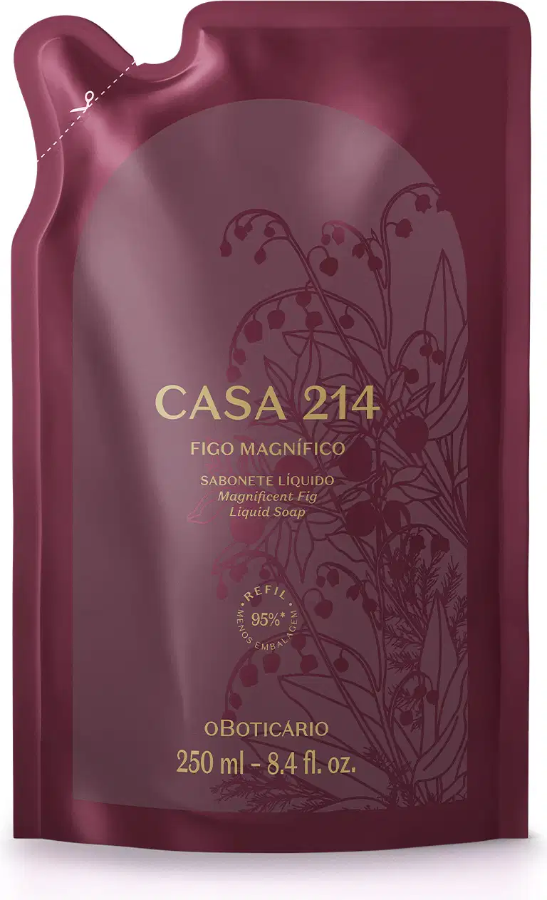 Embalagem refil de sabonete líquido da marca Casa 214, com design elegante em tons de vinho e detalhes em dourado. O rótulo destaca o nome "Figo Magnífico"