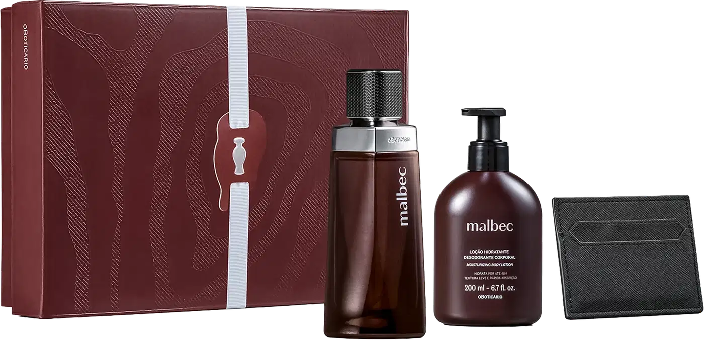 Conjunto de produtos Malbec contendo um frasco de desodorante colônia, um frasco de loção hidratante e uma carteira de couro preto, todos embalados em uma caixa vermelha com design gráfico.