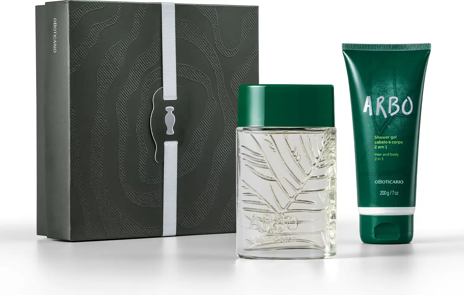 Caixa preta com padrão ondulado, frasco de vidro transparente com tampa verde e bisnaga verde com rótulo Arbo, contendo item de perfumaria e produto para cabelo e corpo.