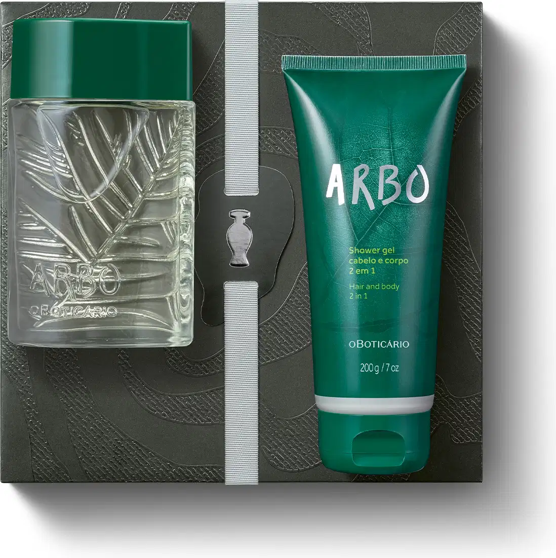 com tampa verde e bisnaga verde com rótulo Arbo, contendo item de perfumaria e produto para cabelo e corpo.