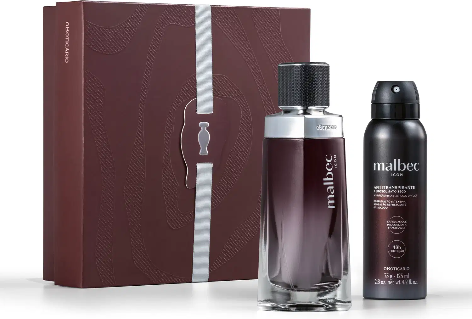 Caixa de presente marrom com padrão ondulado contendo um frasco de fragrância Malbec de cor escura e um desodorante aerossol da mesma marca em embalagem vinho.