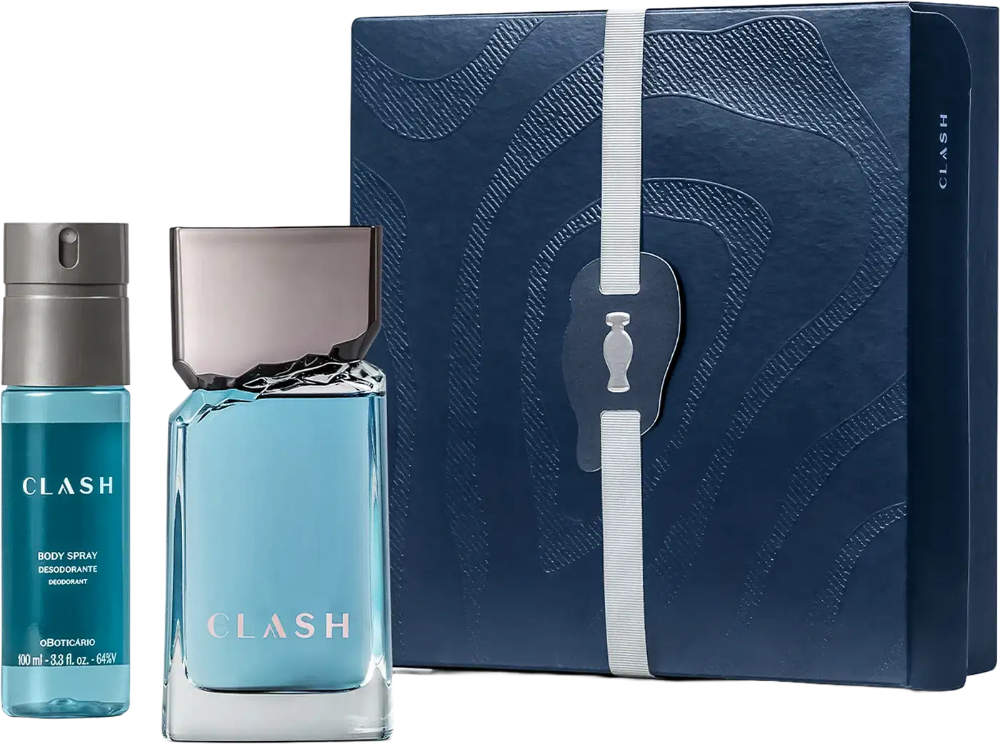 Embalagem azul-marinho da linha Clash com textura ondulada, contendo um item de perfumaria e um frasco de desodorante corporal da mesma linha, sobre fundo preto.