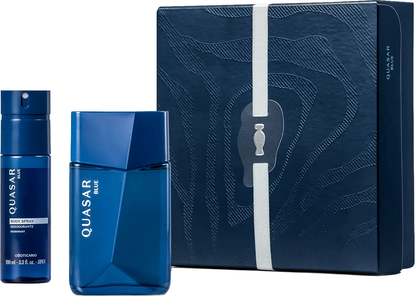 Conjunto de item de perfumaria da marca Quasar, composto por frasco de desodorante spray azul e caixa de presente com textura e design em tons de azul escuro.