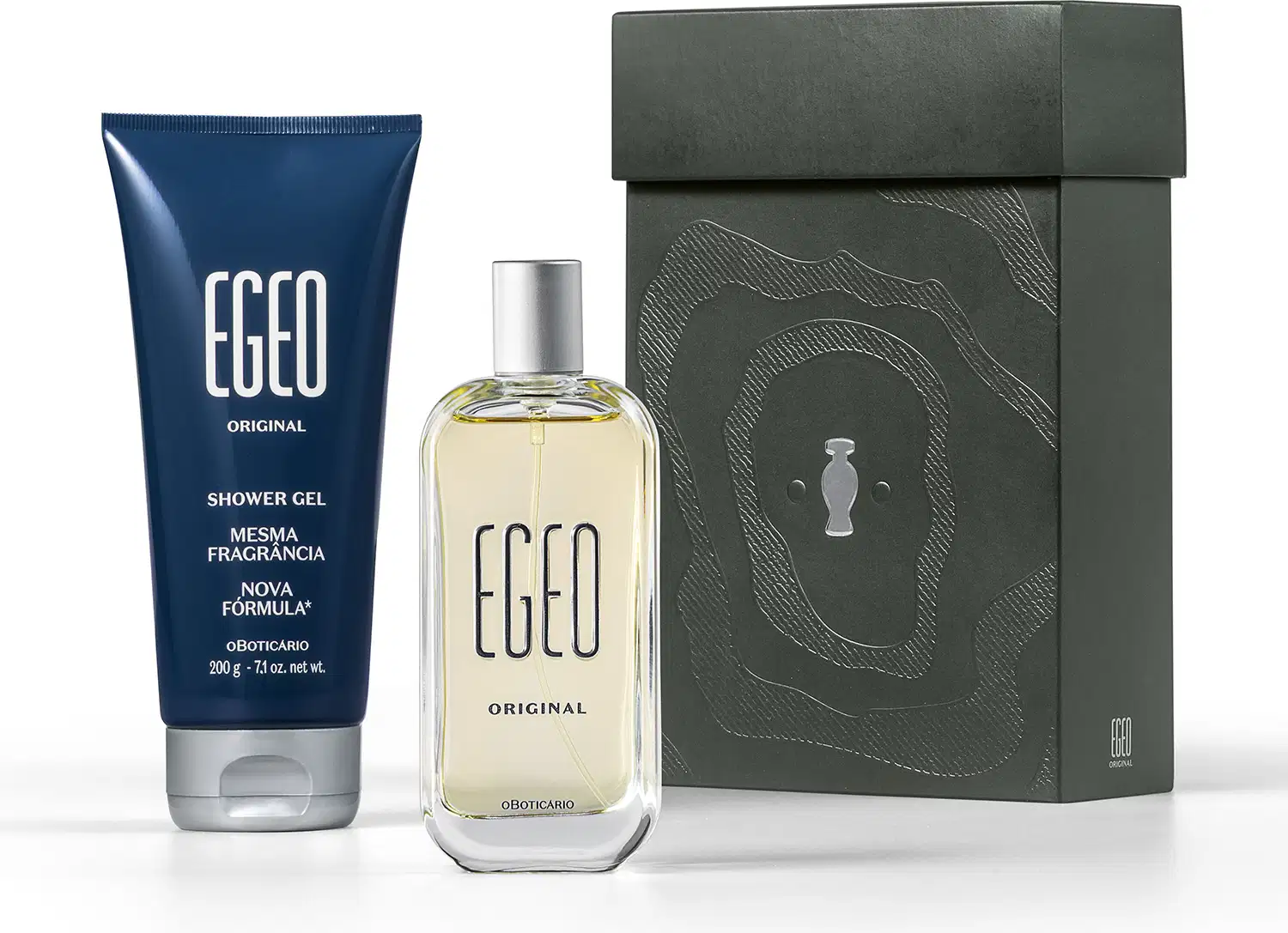 Kit de item de perfumaria da marca Egeo, contendo frasco de fragância e bisnaga de gel de banho, em tons de azul e cinza, com rótulos destacando os nomes "Egeo Original" e "Shower Gel".