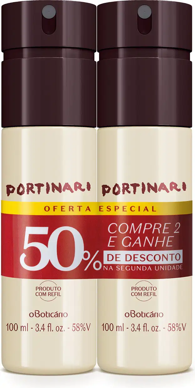 Dois frascos de item de perfumaria da marca Portinari, com tampa marrom escura e parte inferior bege, exibindo promoção de compre 2 e ganhe 50% de desconto na segunda unidade.