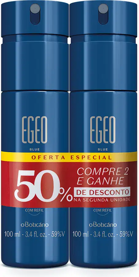 Imagem de dois body sprayda marca Egeo Blue na cor azul, com rótulos em dourado. Há uma faixa indicando oferta especial de compre 2 e ganhe 50% de desconto na segunda unidade.
