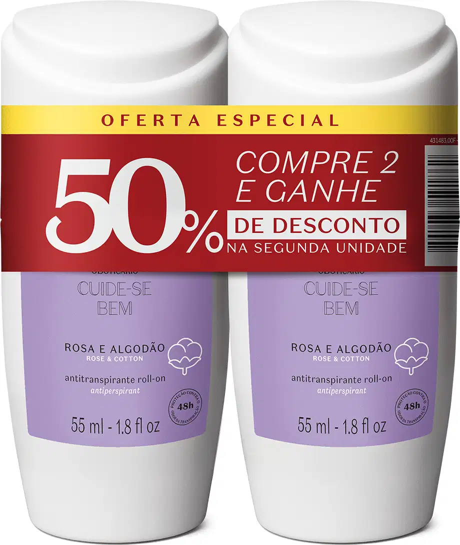 Imagem de dois frascos de desodorante antitranspirante roll-on com rótulo "Rosa e Algodão" em embalagem branca e roxa. Cada frasco contém 55 ml de produto. Oferta especial com 50% de desconto na segunda unidade.