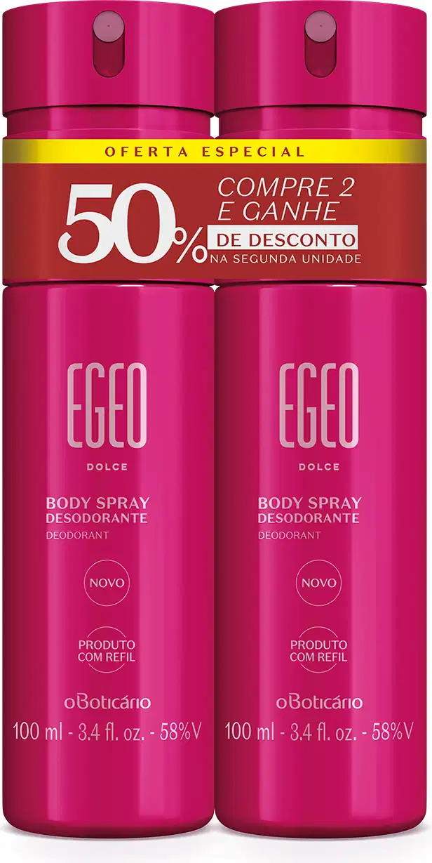 Dois frascos cilíndricos de body spray da marca Egeo Dolce, na cor pink unidos por fita adesiva vermelha e amarela destacando oferta especial de compre 2 e ganhe 50% de desconto na segunda unidade.
