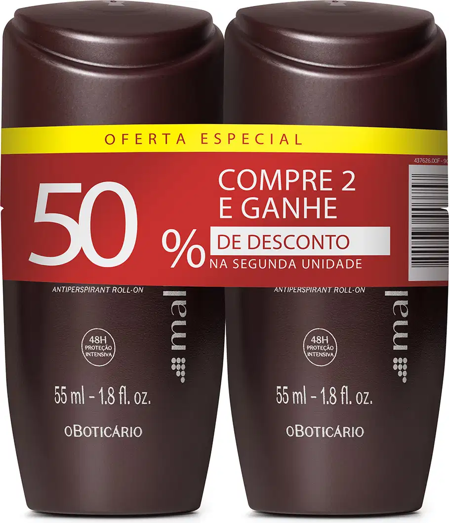 Imagem de dois frascos de desodorante antitranspirante roll-on Malbec na cor marrom escura e letras brancas. Indica oferta especial de compre 2 e ganhar 50% de desconto na segunda unidade. Cada frasco contém 55 ml do produto.