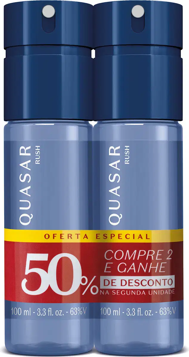 Dois frascos azuis de item de perfumaria da marca Quasar, com rótulo indicando oferta especial de compre 2 e ganhe 50% de desconto na segunda unidade.