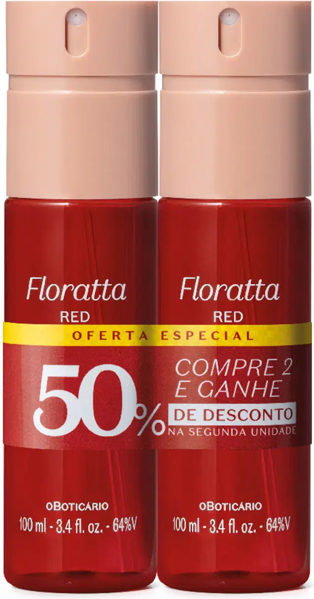 Dois frascos de item de perfumaria da marca Floratta na cor vermelha, com rótulo destacado em amarelo informando "Oferta especial: compre 2 e ganhe 50% de desconto na segunda unidade".