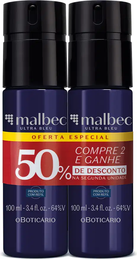 Imagem de dois frascos pretos de body spray da marca Malbec Ultra Bleu, com rótulo na cor prata, oferta especial de comprar 2 e ganhar 50% de desconto na segunda unidade.