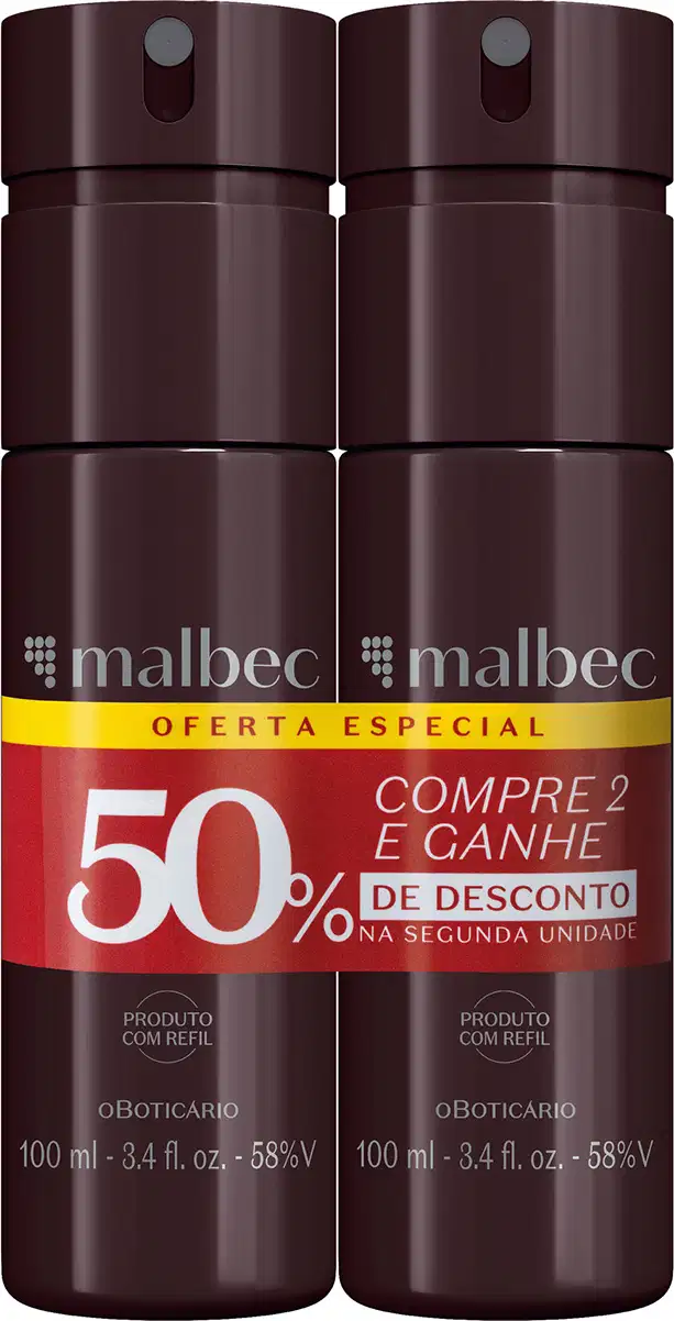 Dois frascos de item de perfumaria da marca Malbec, com embalagem marrom escura, rótulo vermelho e amarelo, exibindo oferta especial de compre 2 e ganhe 50% de desconto na segunda unidade.