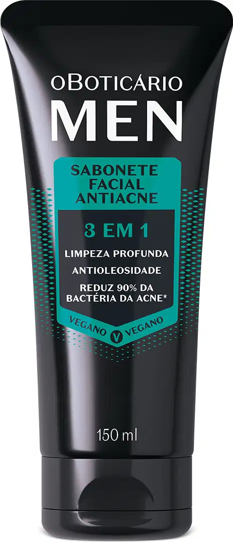 Imagem do sabonete líquido facial da marca Men, em embalagem preta e azul-turquesa, com informações em letras brancas sobre limpeza profunda, antioleolosidade e redução da bactéria da acne.
