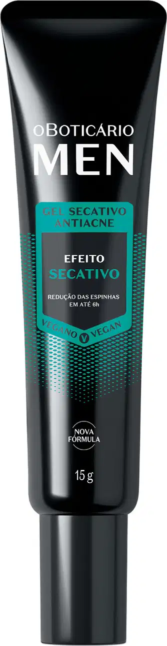 Imagem de bisnaga preta com gel secativo facial da marca Men. A embalagem possui rótulo com letras brancas e detalhes em azul e traz 15g de produto.