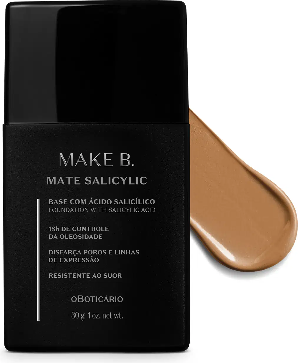 Frasco preto de base da linha Make B. Mate Salicylic com texto em branco trazendo informações do produto, como presença de ácido salicílico, controle de oleosidade e resistência ao suor. Atrás da embalagem, vemos um pouco de base bege clara espalhada.