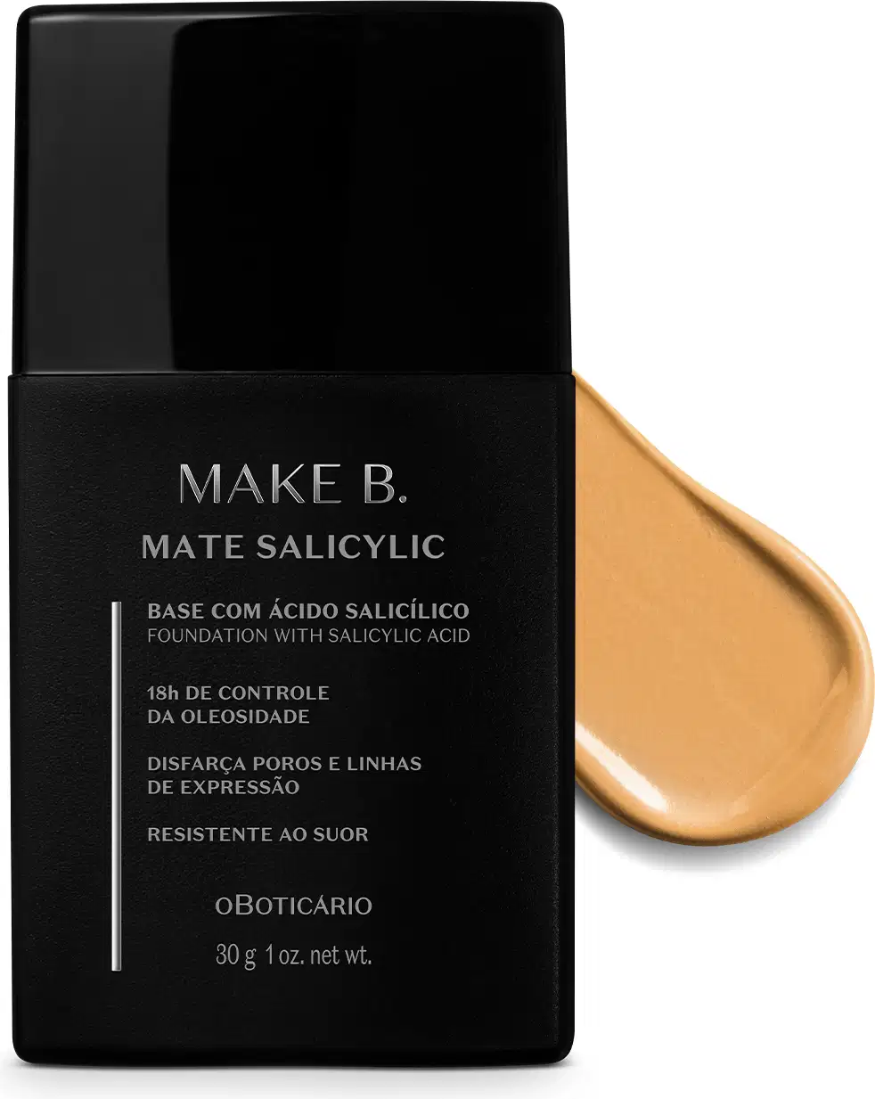 Frasco preto de base da linha Make B. Mate Salicylic com texto em branco trazendo informações do produto, como presença de ácido salicílico, controle de oleosidade e resistência ao suor. Atrás da embalagem, vemos um pouco de base bege clara espalhada.
