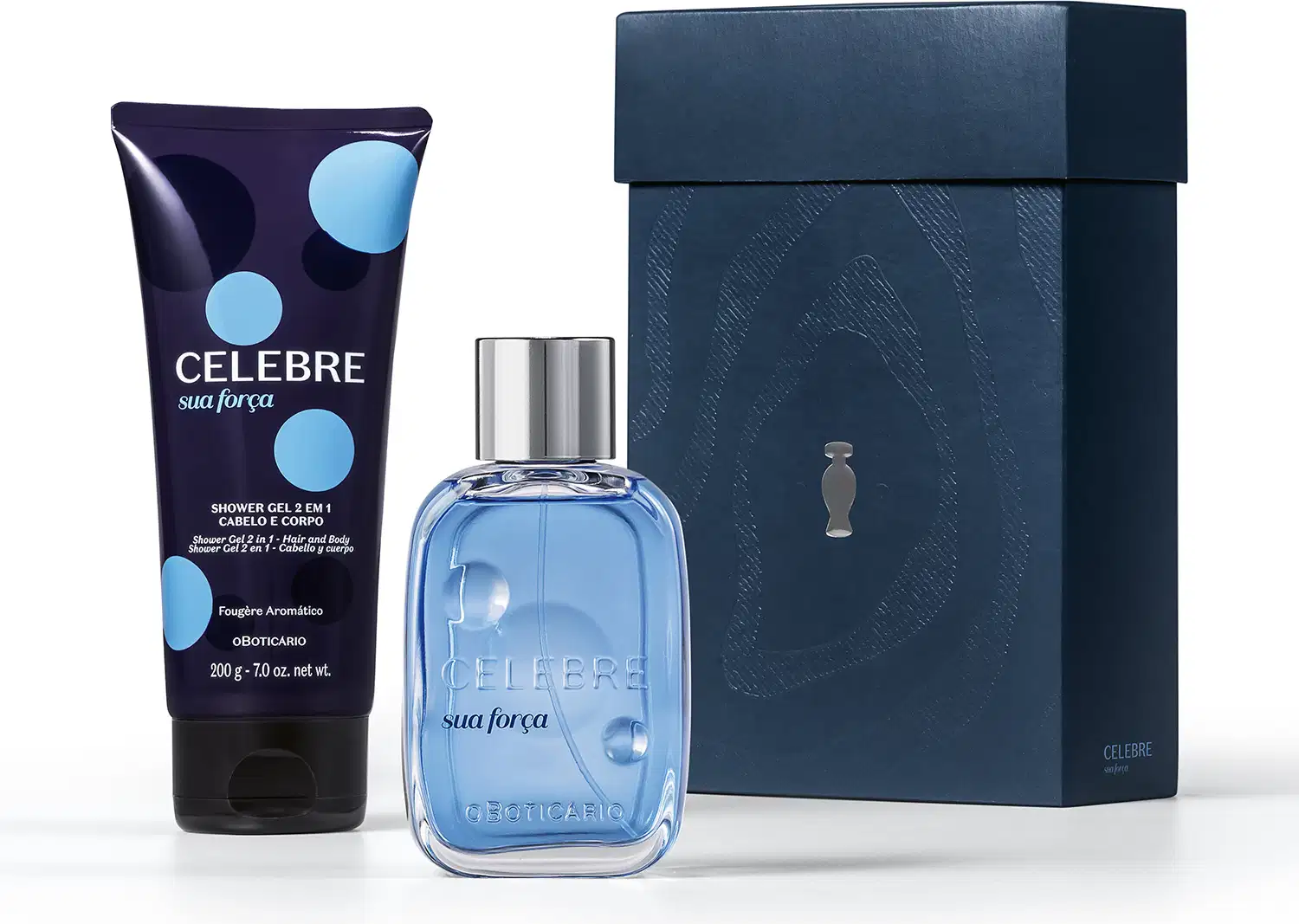 Kit de item de perfumaria da marca Celebre, composto por frasco de fragrância azul claro e bisnaga de gel de banho em embalagem com bolinhas azuis e pretas, apresentados em caixa preta com textura marcada.