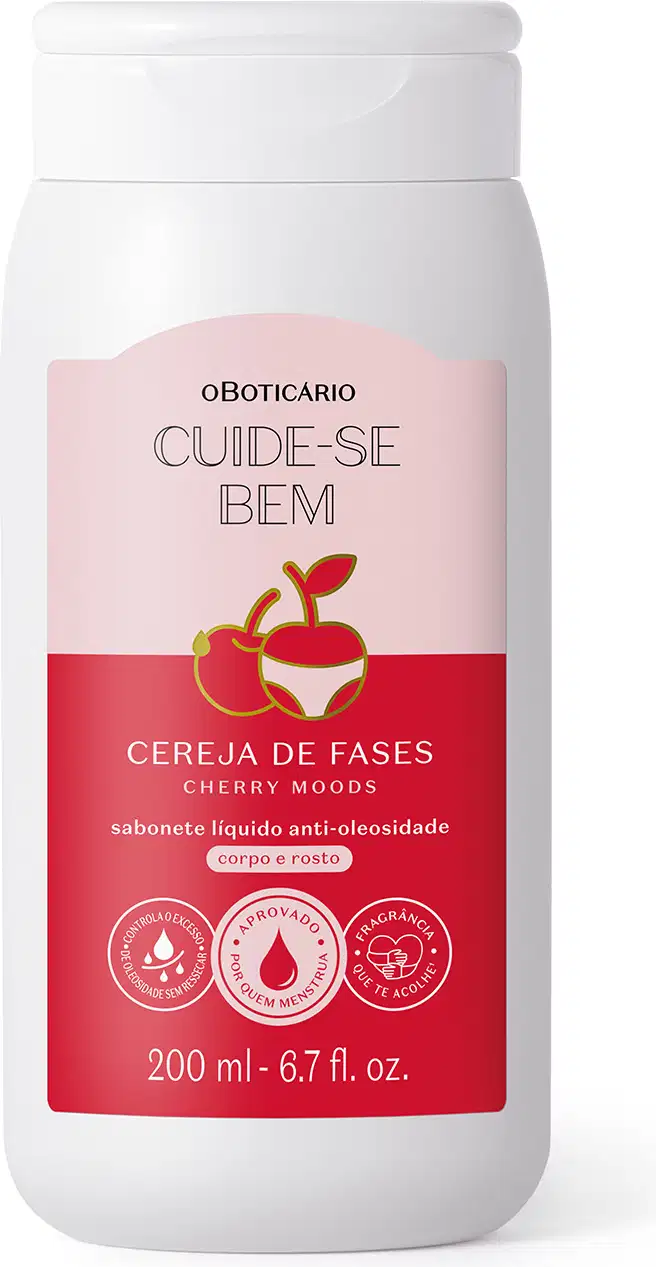 Imagemde frasco branco com rótulo rosa e vermelho da marca Cuide-se Bem Cereja de Fases, contendo sabonete líquido anti-oleosidade com aroma de cereja, para corpo e rosto.