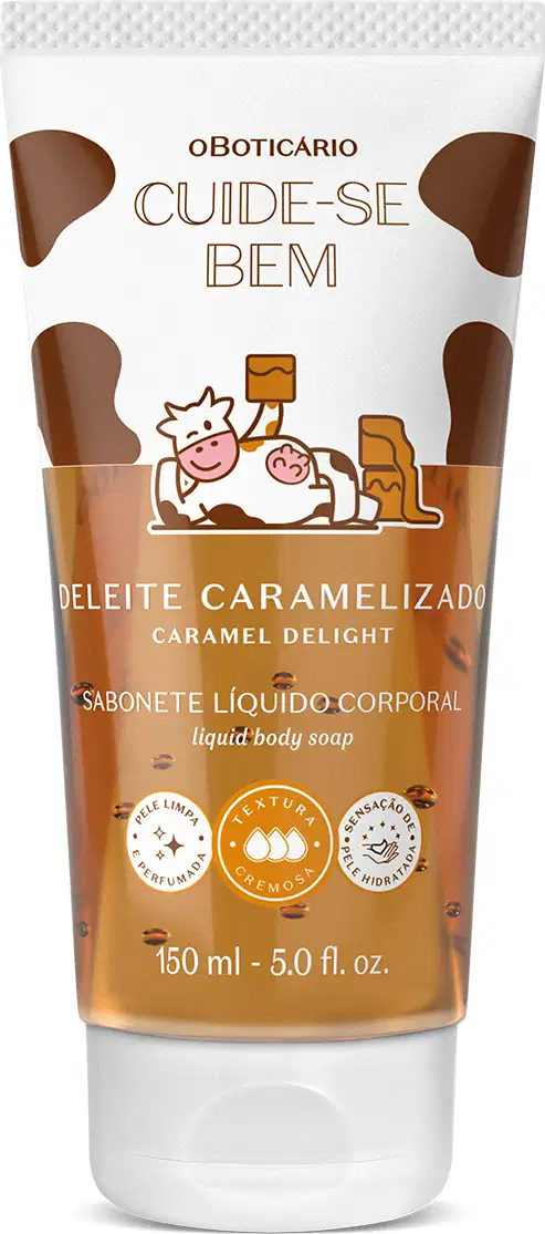 Embalagem de sabonete líquido da marca Cuide-se Bem Deleite Caramelizado. O recipiente é branco com tons de marrom, detalhes em preto e rótulo com ilustração de vaca.