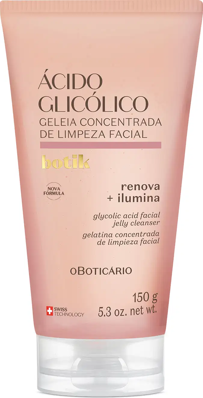 Bisnaga de gel de limpeza facial concentrado com ácido glicólico da marca Botik, em tons de rosa, com rótulo destacando "Renova + Ilumina" e "Geleia Concentrada de Limpeza Facial".