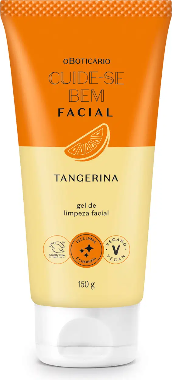 Tubo de gel de limpeza facial da linha Cuide-se Bem, com embalagem laranja e amarela, exibindo o nome "Tangerina" e informações sobre ser vegano e livre de crueldade animal.