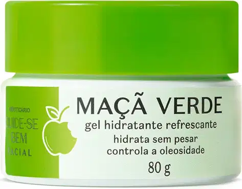 Gel hidratante refrescante de maçã verde em embalagem plástica verde de 80g, com rótulo indicando que o produto controla a oleosidade e hidrata sem deixar resíduos.