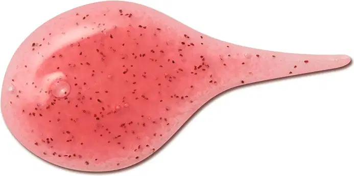 Imagem da textura rosada, brilhante e granulada do esfoliante facial Cuide-se Bem Morango, com pequenos pontos escuros espalhados pela superfície.