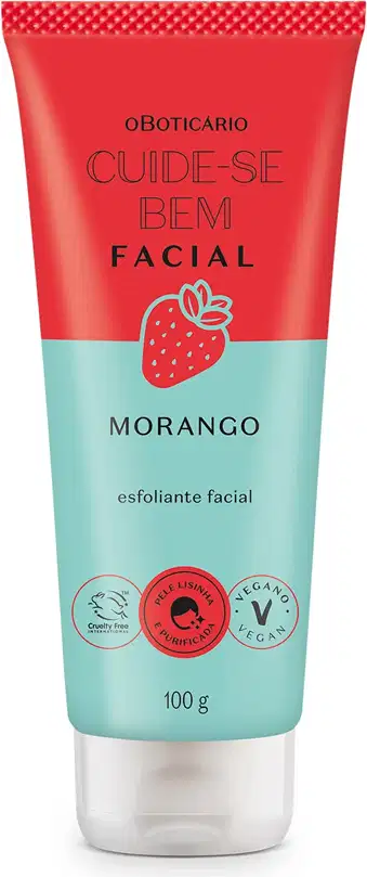 Imagem da bisnaga vermelha e azul-turquesa do esfoliante facial Cuide-se Bem Morango. O rótulo contém a ilustração de um morango e todas as informações sobre o produto estão impressas em letras pretas.