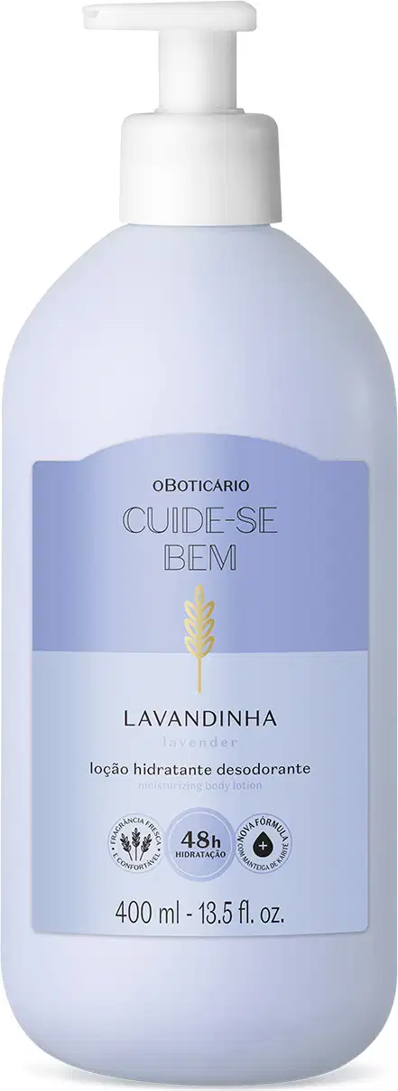 Frasco branco com bomba doseadora, rótulo com texto "Cuide-se bem Lavandinha" e logotipo, loção hidratante desodorante para o corpo com 400 ml.